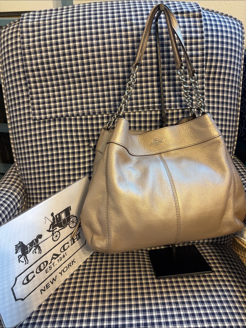 Coach Lexi chain Pebbled Leather Shoulder Bag in metallic champagne